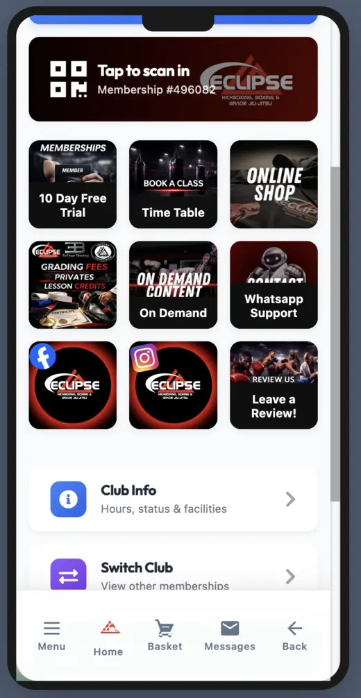 Eclipse member home screen inside the ClubRight app