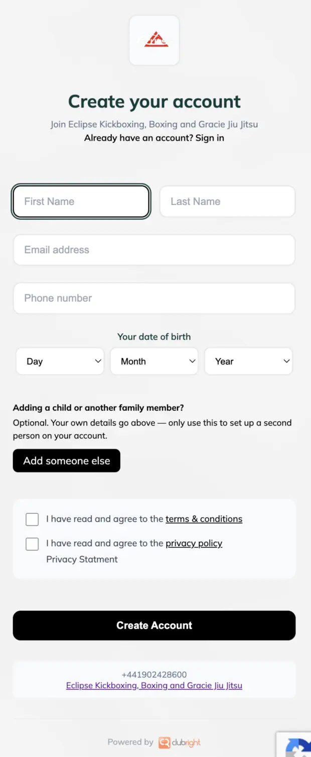 Eclipse ClubRight registration page showing the create account form